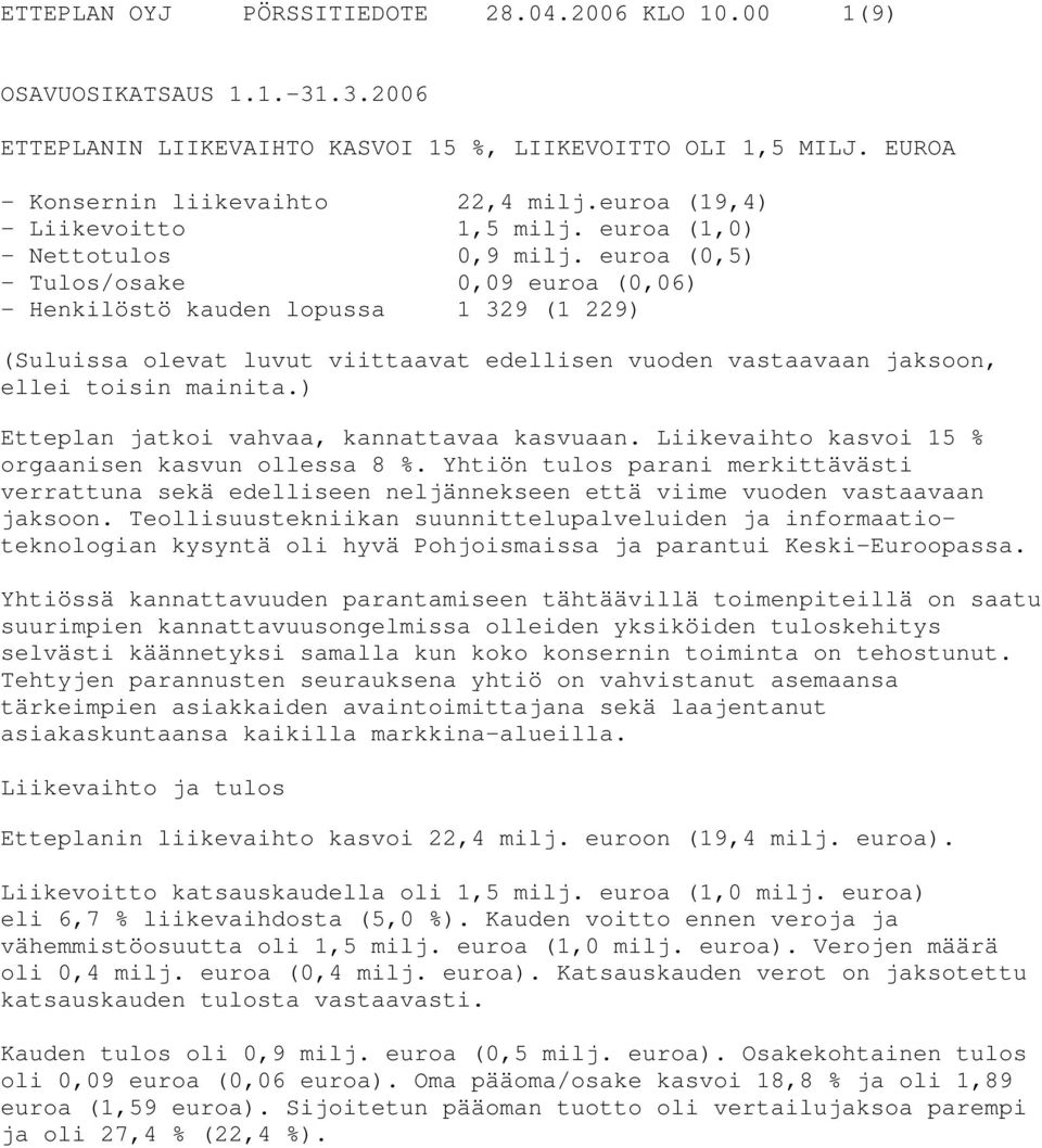 euroa (0,5) - Tulos/osake 0,09 euroa (0,06) - Henkilöstö kauden lopussa 1 329 (1 229) (Suluissa olevat luvut viittaavat edellisen vuoden vastaavaan jaksoon, ellei toisin mainita.