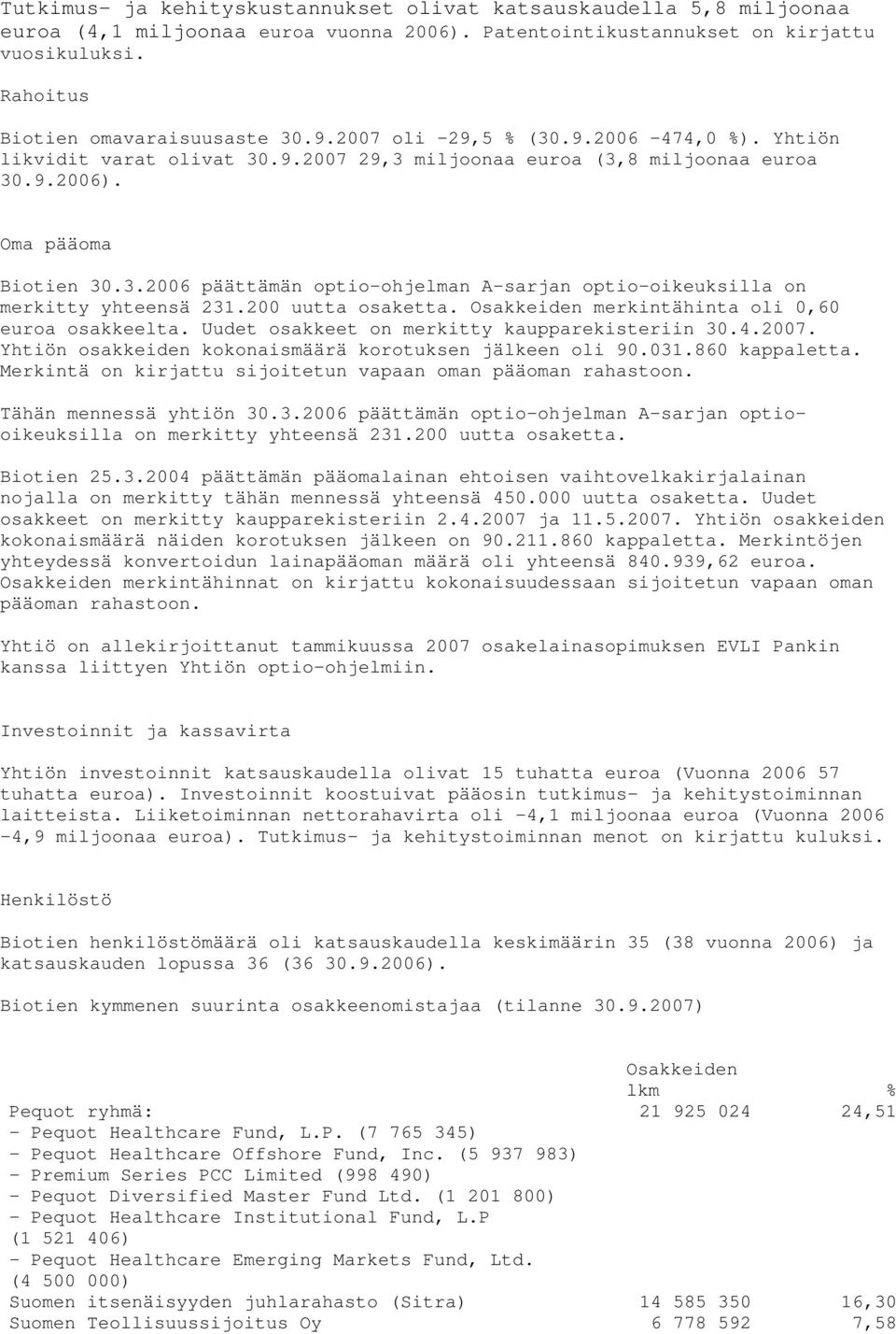 200 uutta osaketta. Osakkeiden merkintähinta oli 0,60 euroa osakkeelta. Uudet osakkeet on merkitty kaupparekisteriin 30.4.2007. Yhtiön osakkeiden kokonaismäärä korotuksen jälkeen oli 90.031.