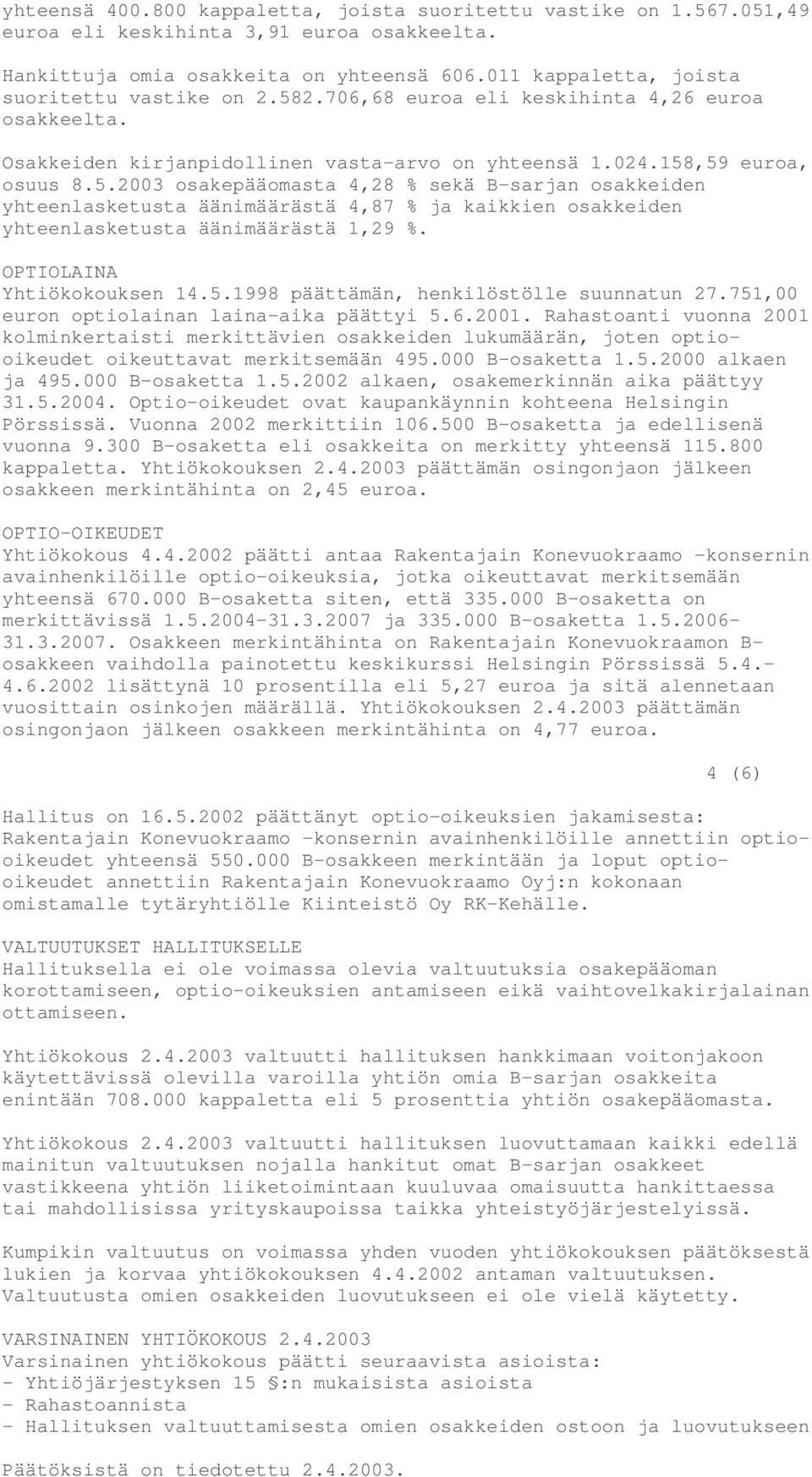 OPTIOLAINA Yhtiökokouksen 14.5.1998 päättämän, henkilöstölle suunnatun 27.751,00 euron optiolainan laina-aika päättyi 5.6.2001.