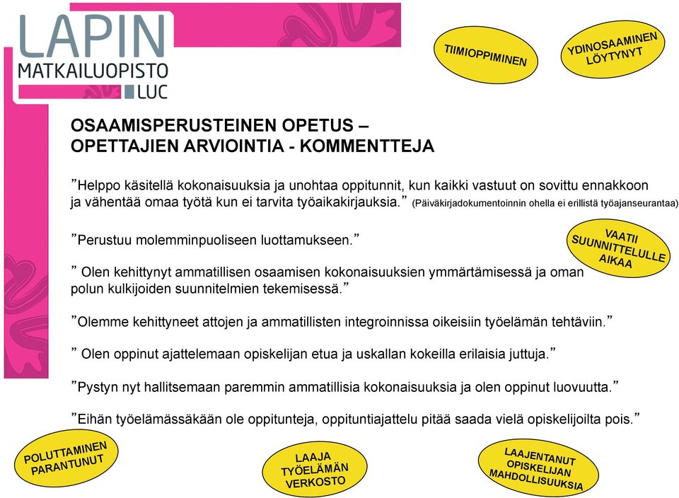 Olen kehittynyt ammatillisen osaamisen kokonaisuuksien ymmärtämisessä ja oman polun kulkijoiden suunnitelmien tekemisessä.