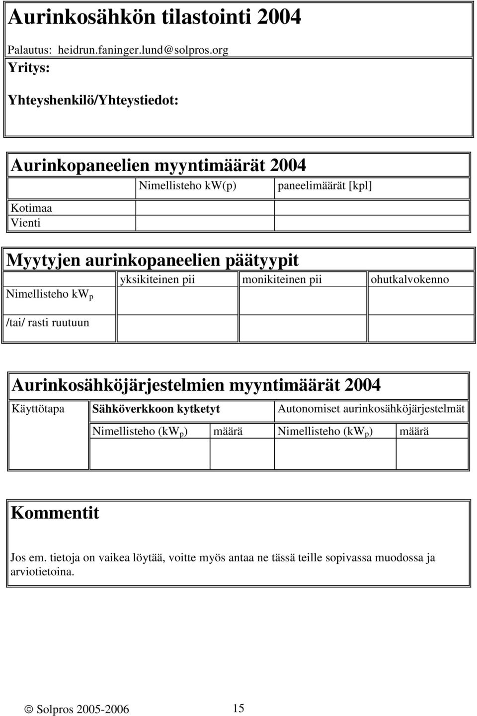 päätyypit yksikiteinen pii monikiteinen pii ohutkalvokenno Nimellisteho kw p /tai/ rasti ruutuun Aurinkosähköjärjestelmien myyntimäärät 2004 Käyttötapa