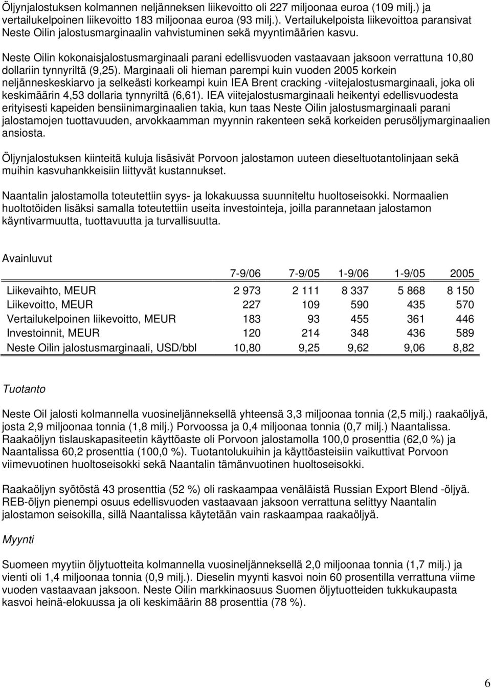 Neste Oilin kokonaisjalostusmarginaali parani edellisvuoden vastaavaan jaksoon verrattuna 10,80 dollariin tynnyriltä (9,25).