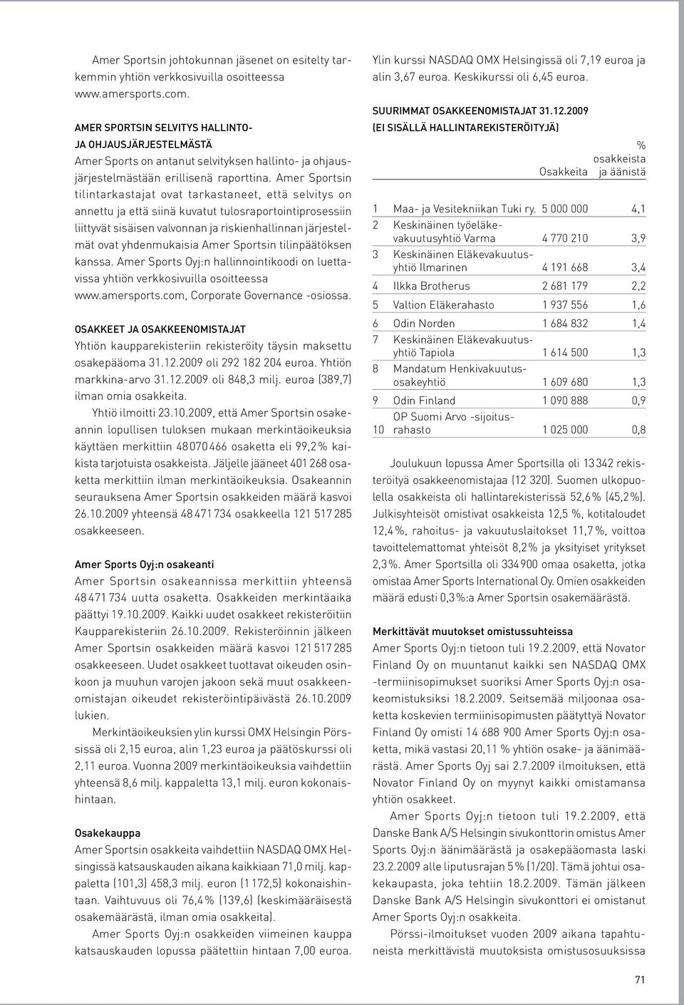 2009 AMER SPORTSIN SELVITYS HALLINTO- JA OHJAUSJÄRJESTELMÄSTÄ Amer Sports on antanut selvityksen hallinto- ja ohjausjärjestelmästään erillisenä raporttina.