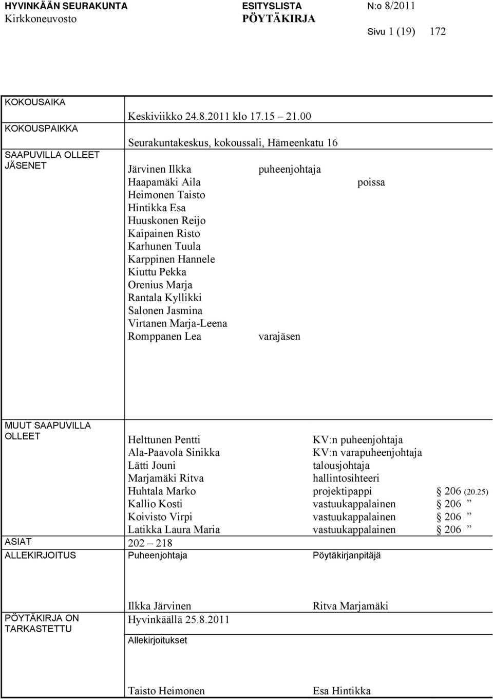 Rantala Kyllikki Salonen Jasmina Virtanen Marja-Leena Romppanen Lea puheenjohtaja varajäsen poissa MUUT SAAPUVILLA OLLEET Helttunen Pentti Ala-Paavola Sinikka Lätti Jouni Marjamäki Ritva Huhtala