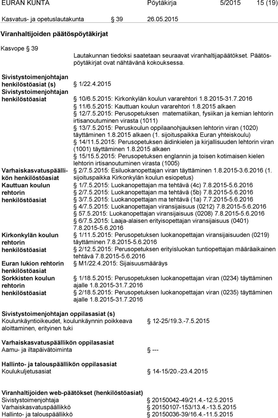 2016 11/6.5.2015: Kauttuan koulun vararehtori 1.8.2015 alkaen 12/7.5.2015: Perusopetuksen matematiikan, fysiikan ja kemian lehtorin irtisanoutuminen virasta (1011) 13/7.5.2015: Peruskoulun oppilaanohjauksen lehtorin viran (1020) täyttäminen 1.