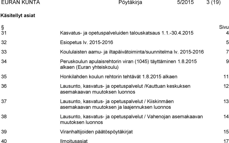 2015 alkaen (Euran yhteiskoulu) 9 35 Honkilahden koulun rehtorin tehtävät 1.8.