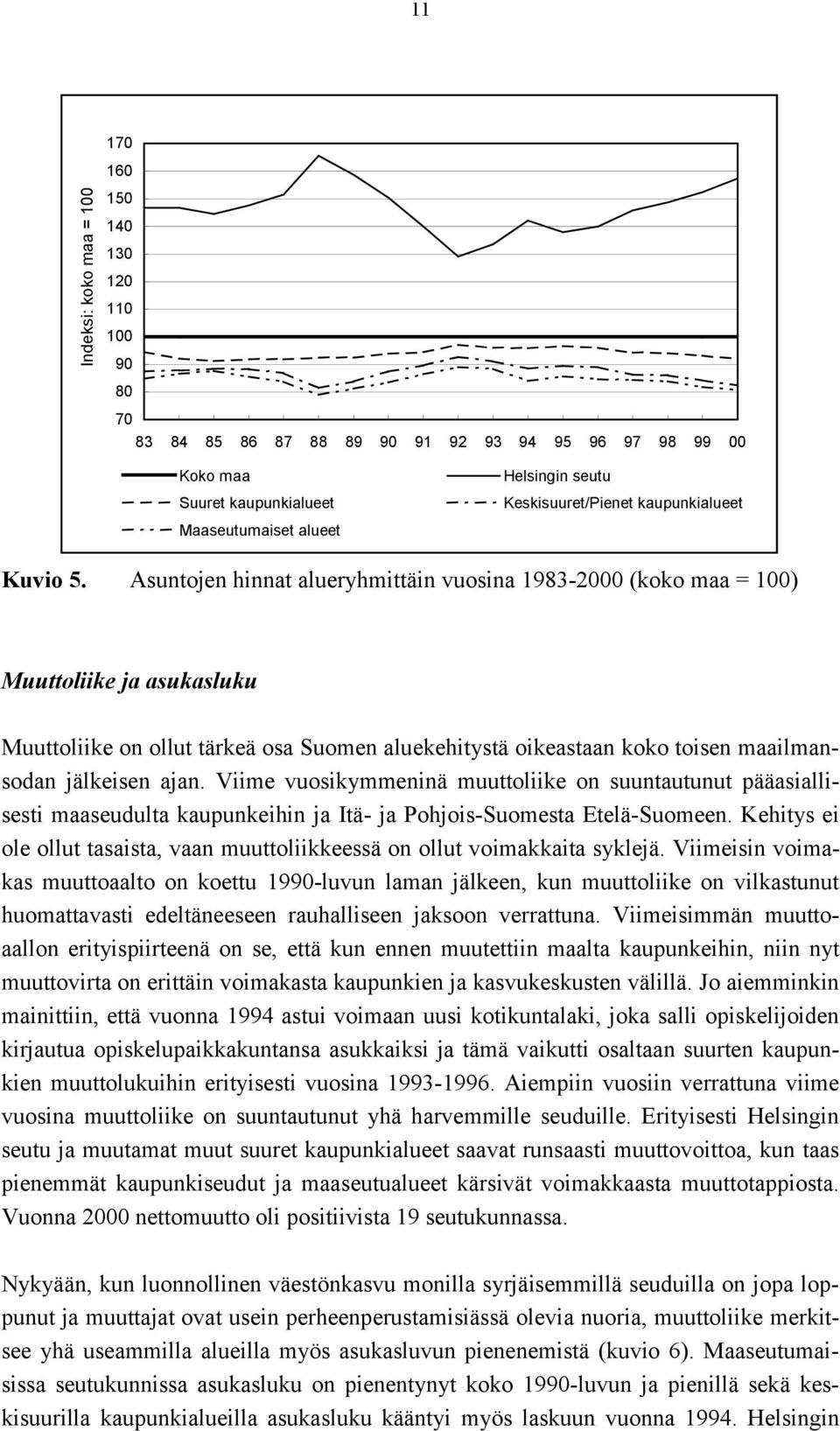 Asuntojen hinnat alueryhmittäin vuosina 1983-2000 (koko maa = 100) Muuttoliike ja asukasluku Muuttoliike on ollut tärkeä osa Suomen aluekehitystä oikeastaan koko toisen maailmansodan jälkeisen ajan.