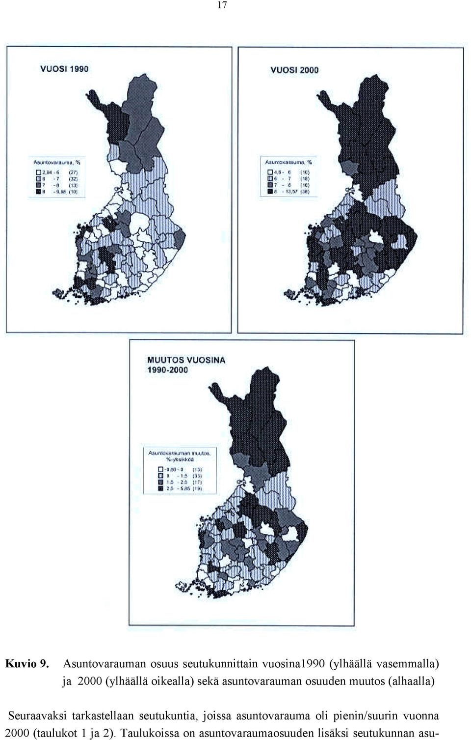 (ylhäällä oikealla) sekä asuntovarauman osuuden muutos (alhaalla) Seuraavaksi