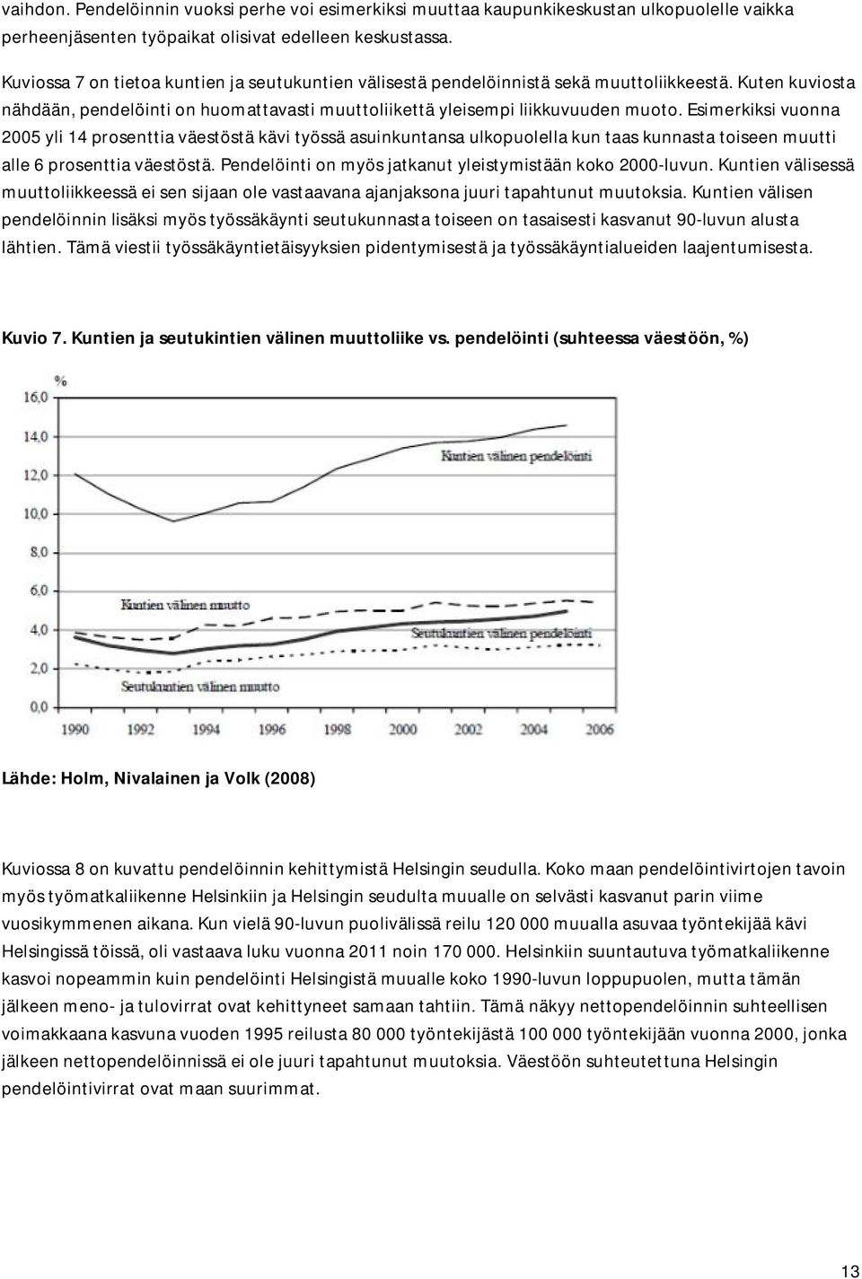 Esimerkiksi vuonna 2005 yli 14 prosenttia väestöstä kävi työssä asuinkuntansa ulkopuolella kun taas kunnasta toiseen muutti alle 6 prosenttia väestöstä.