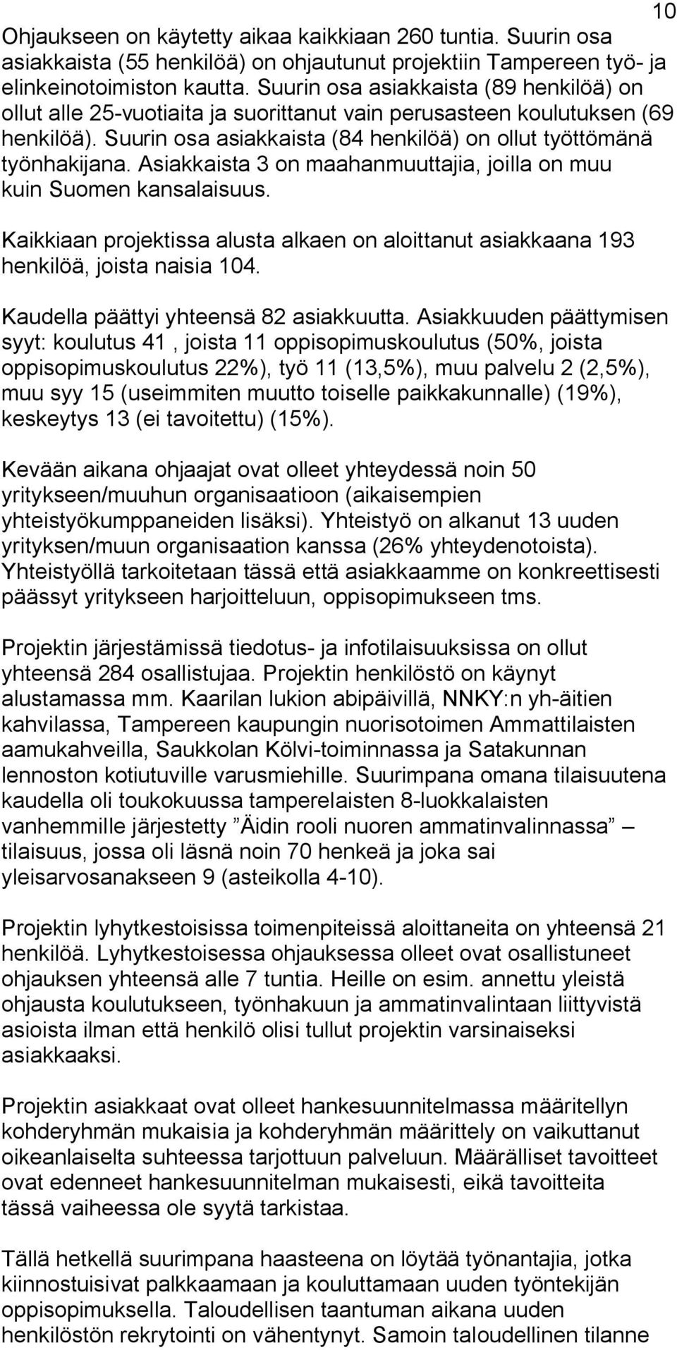 Asiakkaista 3 on maahanmuuttajia, joilla on muu kuin Suomen kansalaisuus. Kaikkiaan projektissa alusta alkaen on aloittanut asiakkaana 193 henkilöä, joista naisia 104.