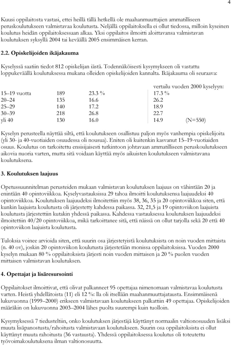 Yksi oppilaitos ilmoitti aloittavansa valmistavan koulutuksen syksyllä 2004 tai keväällä 2005 ensimmäisen kerran. 2.2. Opiskelijoiden ikäjakauma Kyselyssä saatiin tiedot 812 opiskelijan iästä.