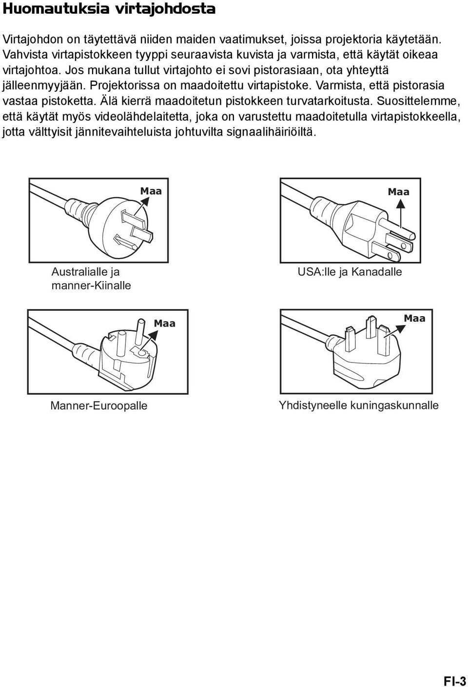 Projektorissa on maadoitettu virtapistoke. Varmista, että pistorasia vastaa pistoketta. Älä kierrä maadoitetun pistokkeen turvatarkoitusta.