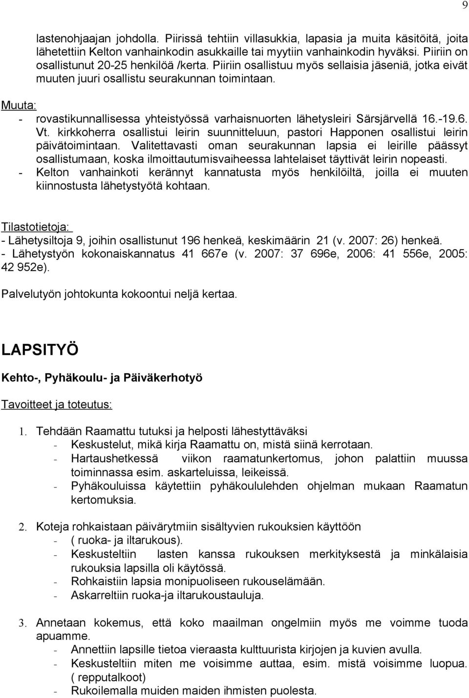 Muuta: - rovastikunnallisessa yhteistyössä varhaisnuorten lähetysleiri Särsjärvellä 16.-19.6. Vt. kirkkoherra osallistui leirin suunnitteluun, pastori Happonen osallistui leirin päivätoimintaan.