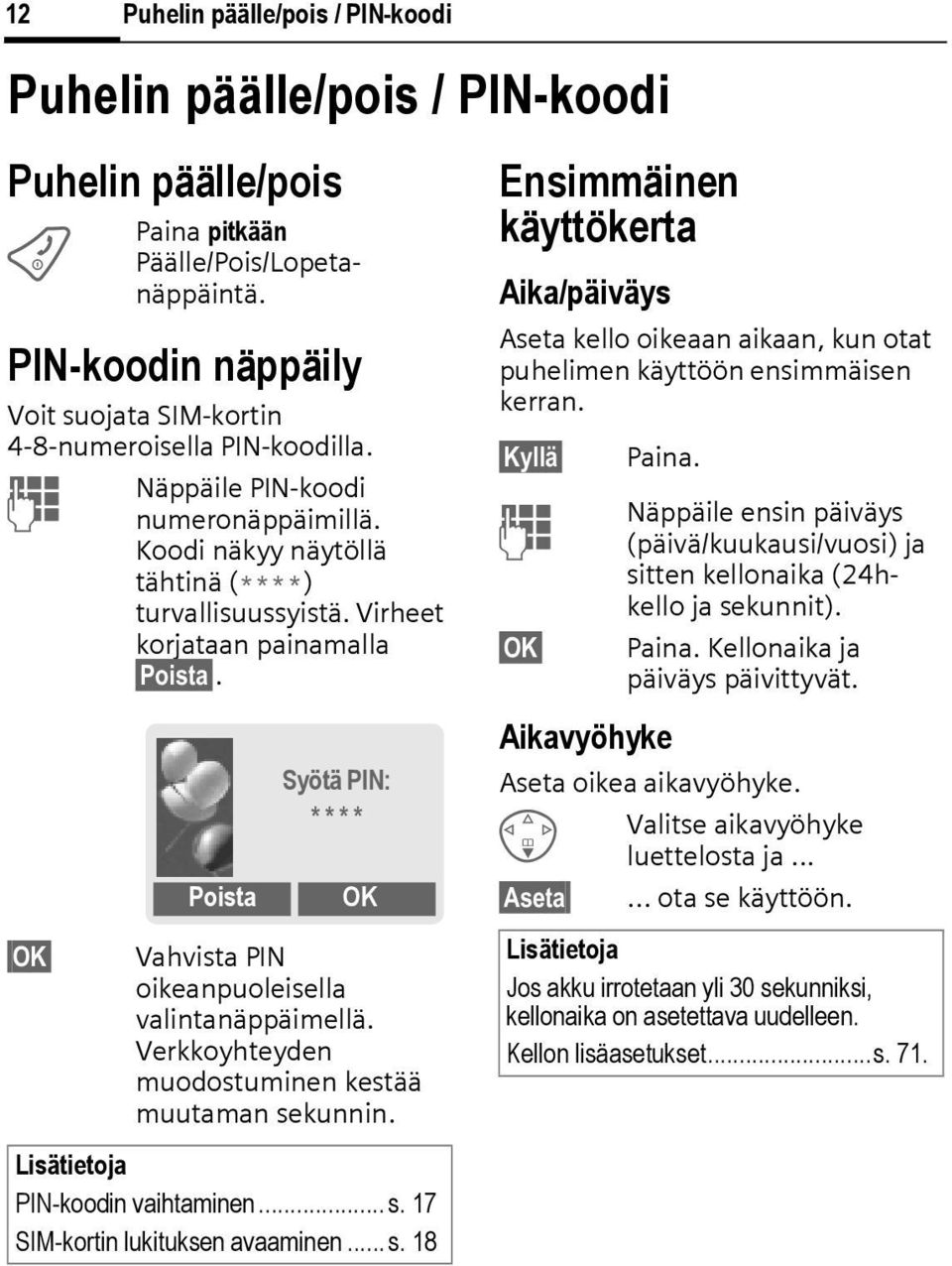 Virheet korjataan painamalla Poista. Poista Syötä PIN: * * * * OK Vahvista PIN oikeanpuoleisella valintanäppäimellä. Verkkoyhteyden muodostuminen kestää muutaman sekunnin.