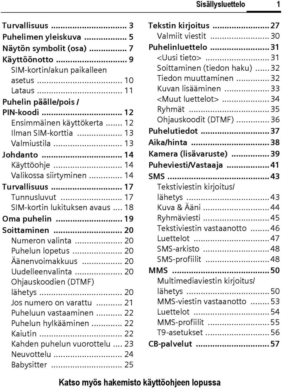 .. 17 SIM-kortin lukituksen avaus... 18 Oma puhelin... 19 Soittaminen... 20 Numeron valinta... 20 Puhelun lopetus... 20 Äänenvoimakkuus... 20 Uudelleenvalinta... 20 Ohjauskoodien (DTMF) lähetys.