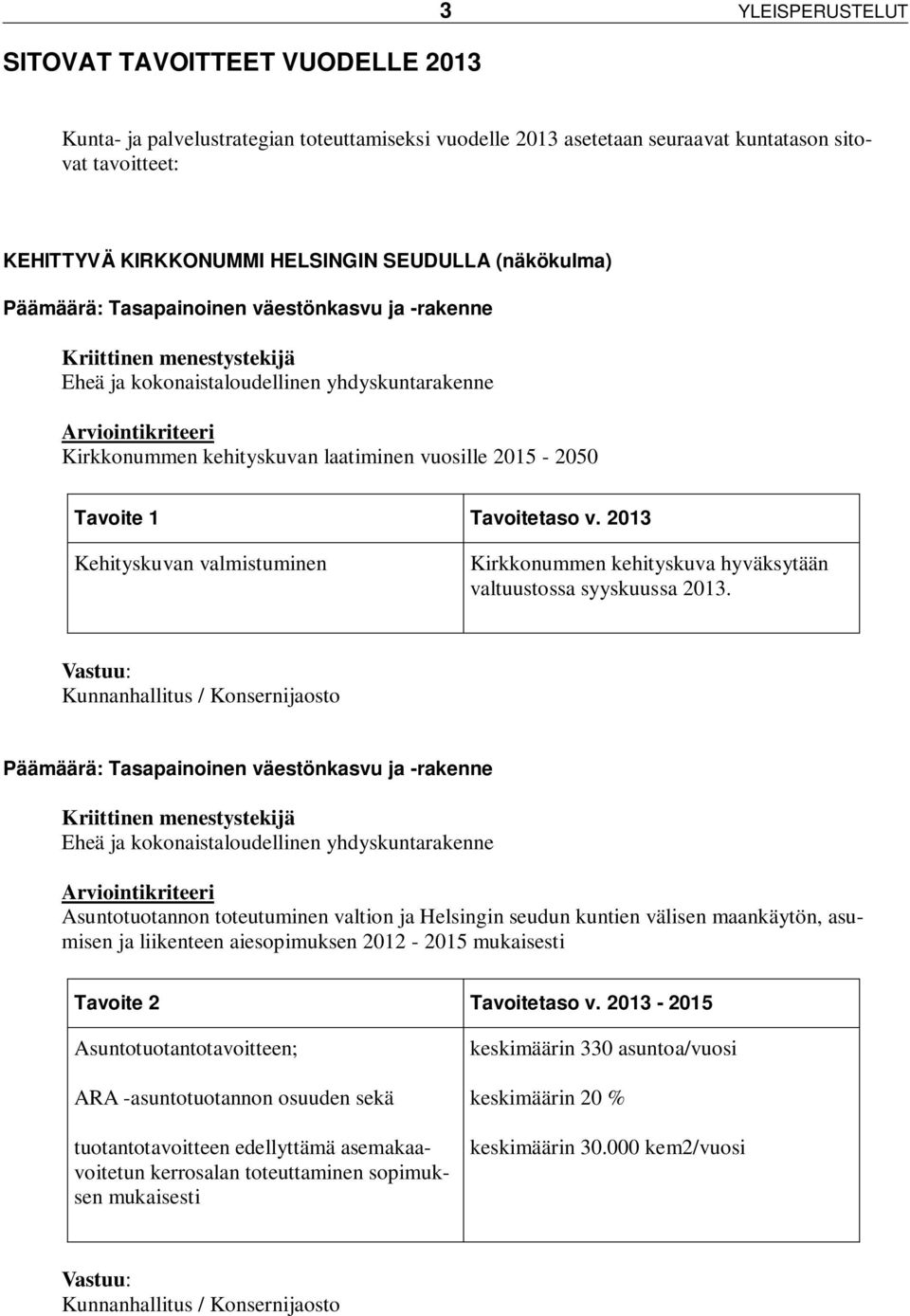 vuosille 2015-2050 Tavoite 1 Tavoitetaso v. 2013 Kehityskuvan valmistuminen Kirkkonummen kehityskuva hyväksytään valtuustossa syyskuussa 2013.