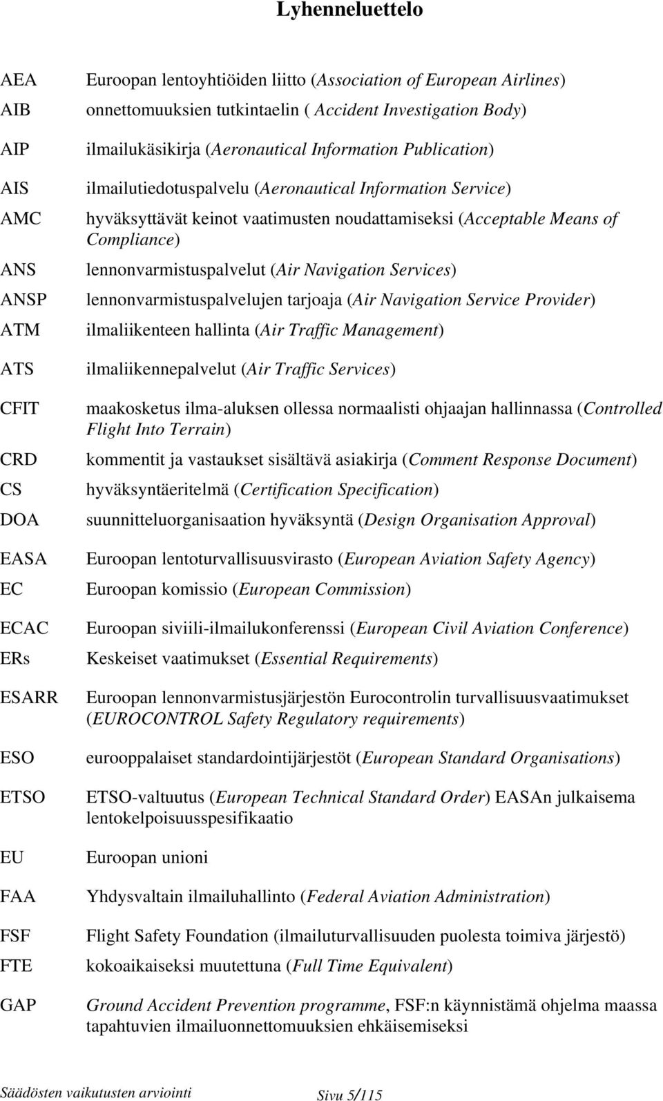 vaatimusten noudattamiseksi (Acceptable Means of Compliance) lennonvarmistuspalvelut (Air Navigation Services) lennonvarmistuspalvelujen tarjoaja (Air Navigation Service Provider) ilmaliikenteen