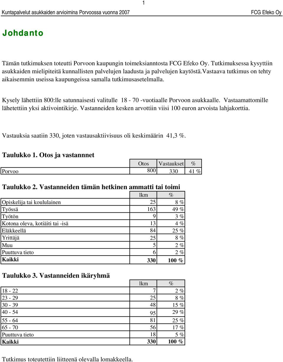 Vastaamattomille lähetettiin yksi aktivointikirje. Vastanneiden kesken arvottiin viisi 0 euron arvoista lahjakorttia. Vastauksia saatiin 330, joten vastausaktiivisuus oli keskimäärin 41,3 %.