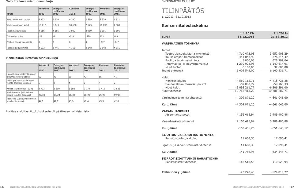 toiminnan kulut 10 712 6 843 10 668 7 525 11 090 7 680 Konsernituloslaskelma Jäsenmaksutuotot 4 156 4 156 3 989 3 989 5 591 5 591 Tilikauden tulos -23 18-524 -520 203 189 Euroa 1.1.2013-31.12.2013 1.