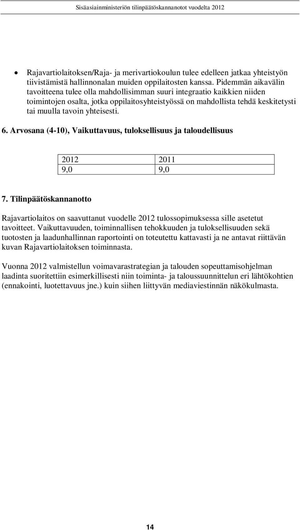 yhteisesti. 6. Arvosana (4-10), Vaikuttavuus, tuloksellisuus ja taloudellisuus 2012 2011 9,0 9,0 7.