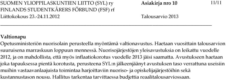 Nuorisojärjestöjen yleisavustuksia on leikattu vuodelle 2012, ja on mahdollista, että myös inflaatiokorotus vuodelle 2013 jäisi saamatta.