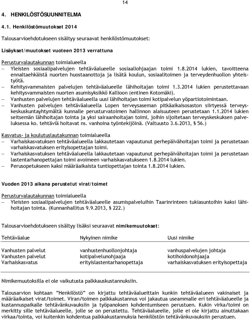 2014 lukien, tavoitteena ennaltaehkäistä nuorten huostaanottoja ja lisätä koulun, sosiaalitoimen ja terveydenhuollon yhteistyötä. Kehitysvammaisten palvelujen tehtäväalueelle lähihoitajan toimi 1.3.