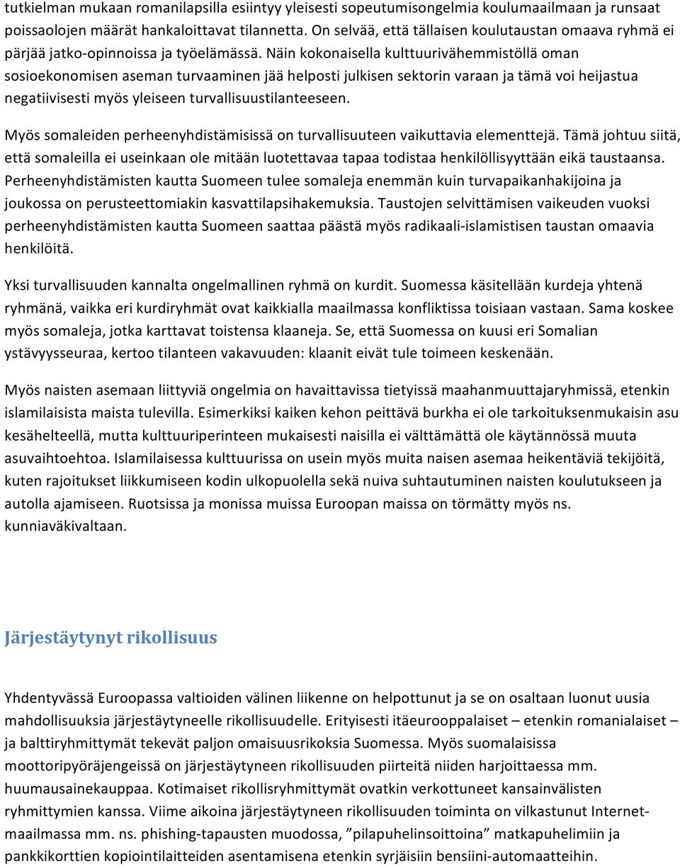 Näin kokonaisella kulttuurivähemmistöllä oman sosioekonomisen aseman turvaaminen jää helposti julkisen sektorin varaan ja tämä voi heijastua negatiivisesti myös yleiseen turvallisuustilanteeseen.