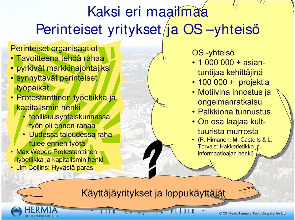 työetiikka ja kapitalismin henki Jim Collins: Hyvästä paras OS -yhteisö 1 000 000 + asiantuntijaa kehittäjinä 100 000 + projektia Motiivina innostus ja