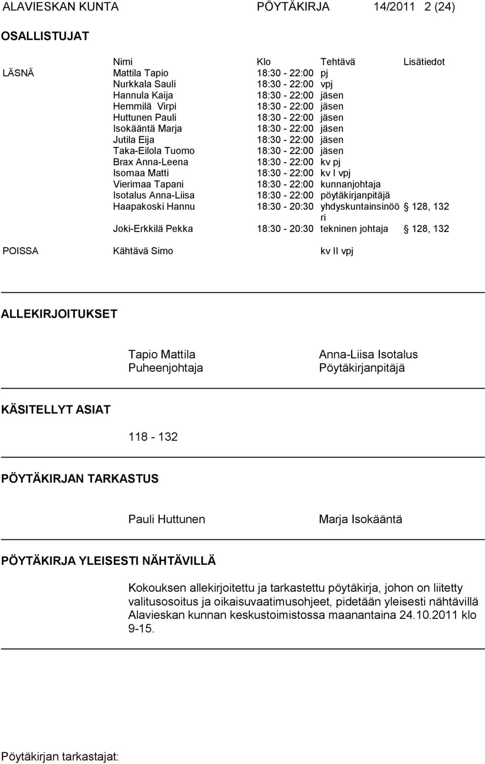 18:30-22:00 kv I vpj Vierimaa Tapani 18:30-22:00 kunnanjohtaja Isotalus Anna-Liisa 18:30-22:00 pöytäkirjanpitäjä Haapakoski Hannu 18:30-20:30 yhdyskuntainsinöö 128, 132 ri Joki-Erkkilä Pekka