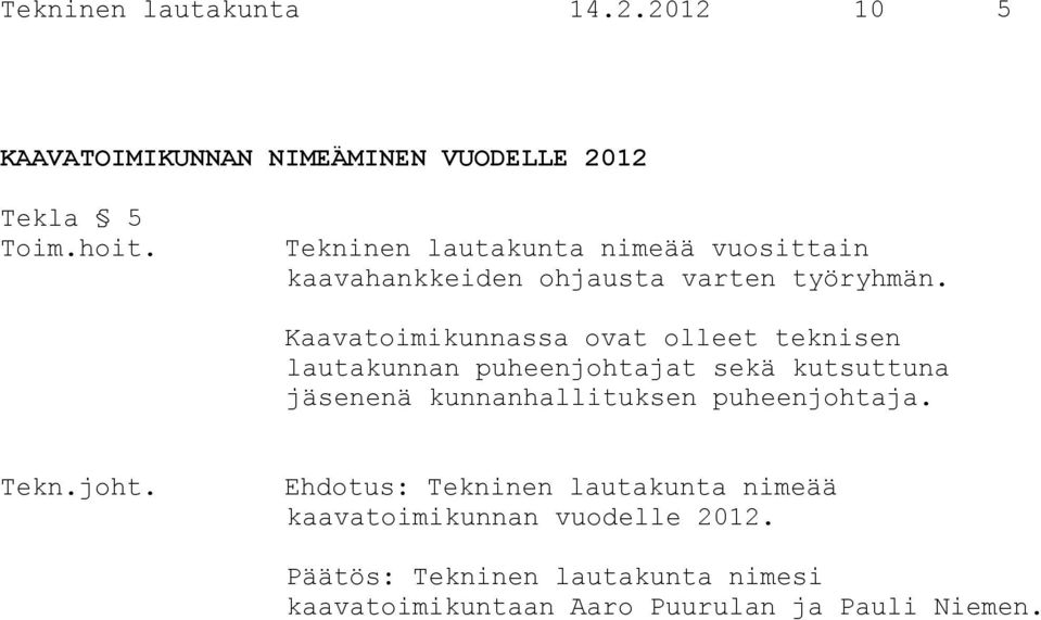 Kaavatoimikunnassa ovat olleet teknisen lautakunnan puheenjohtajat sekä kutsuttuna jäsenenä kunnanhallituksen