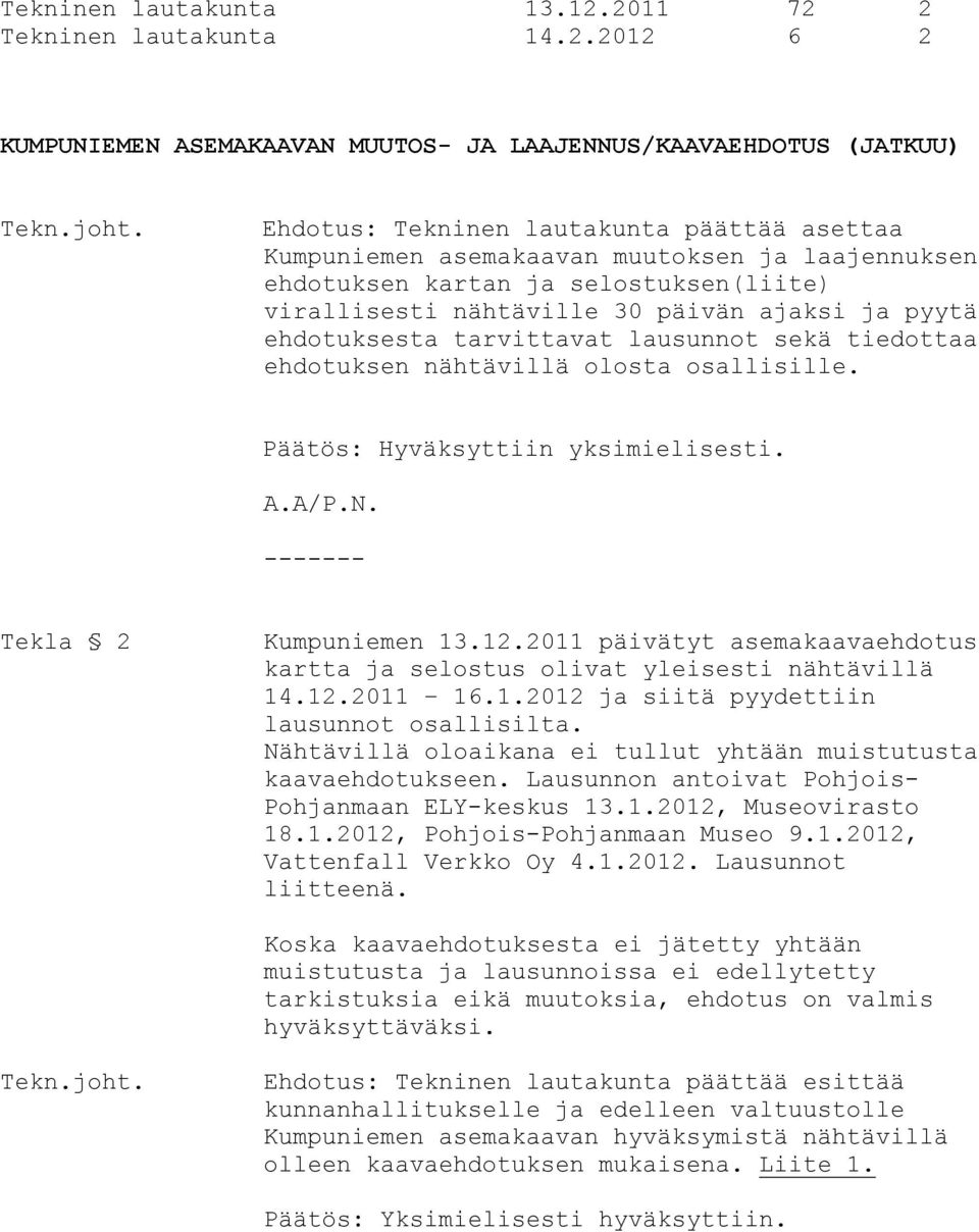 laajennuksen ehdotuksen kartan ja selostuksen(liite) virallisesti nähtäville 30 päivän ajaksi ja pyytä ehdotuksesta tarvittavat lausunnot sekä tiedottaa ehdotuksen nähtävillä olosta osallisille.