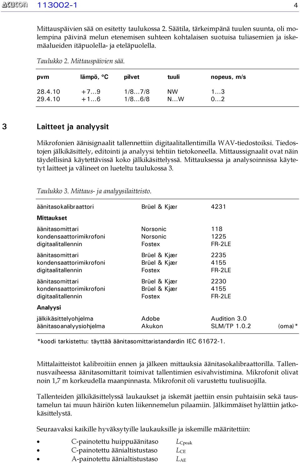 pvm lämpö, C pilvet tuuli nopeus, m/s 28.4.10 +7 9 1/8 7/8 NW 1 3 29.4.10 +1 6 1/8 6/8 N W 0 2 3 Laitteet ja analyysit Mikrofonien äänisignaalit tallennettiin digitaalitallentimilla WAV-tiedostoiksi.