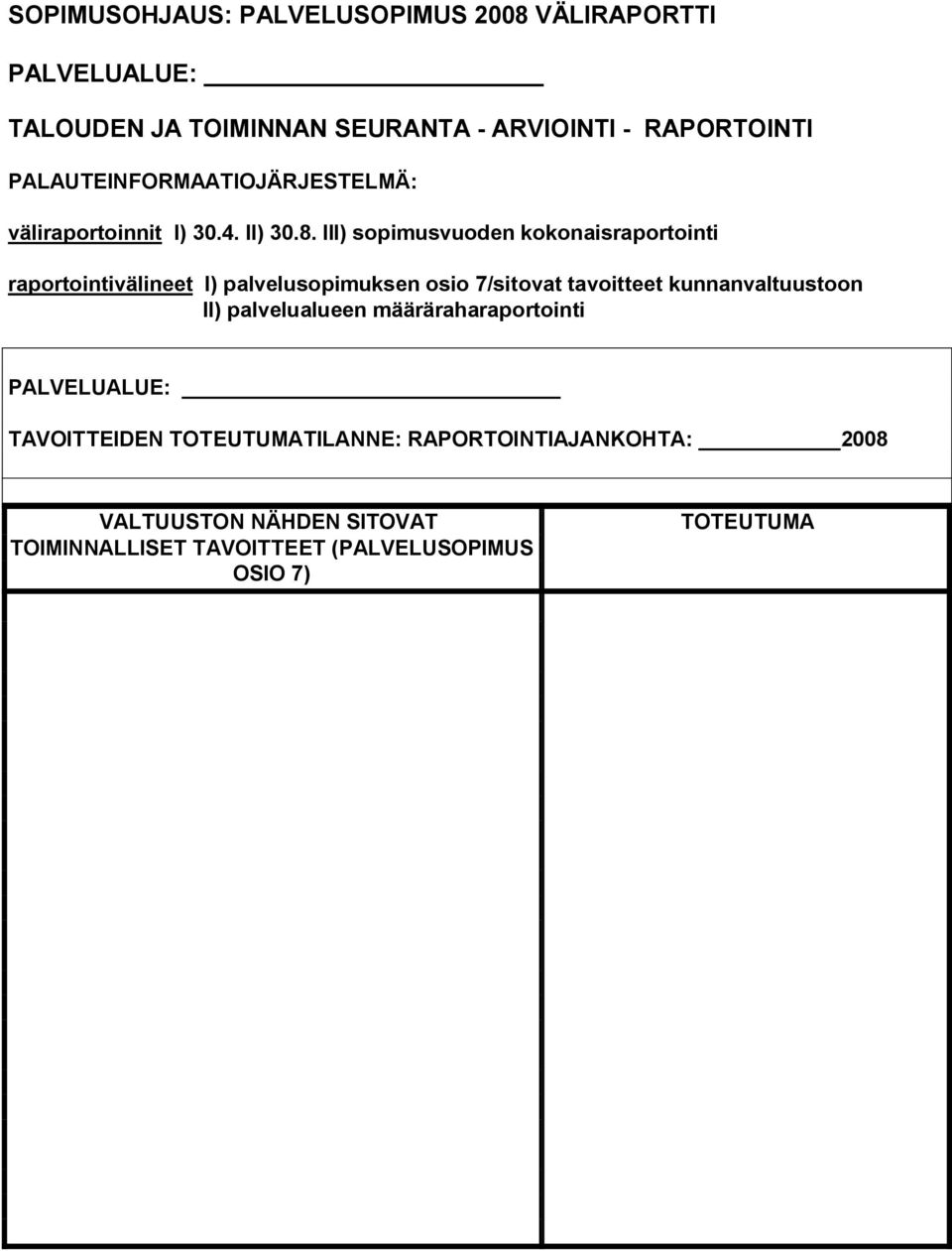 III) sopimusvuoden kokonaisraportointi raportointivälineet I) palvelusopimuksen osio 7/sitovat tavoitteet kunnanvaltuustoon