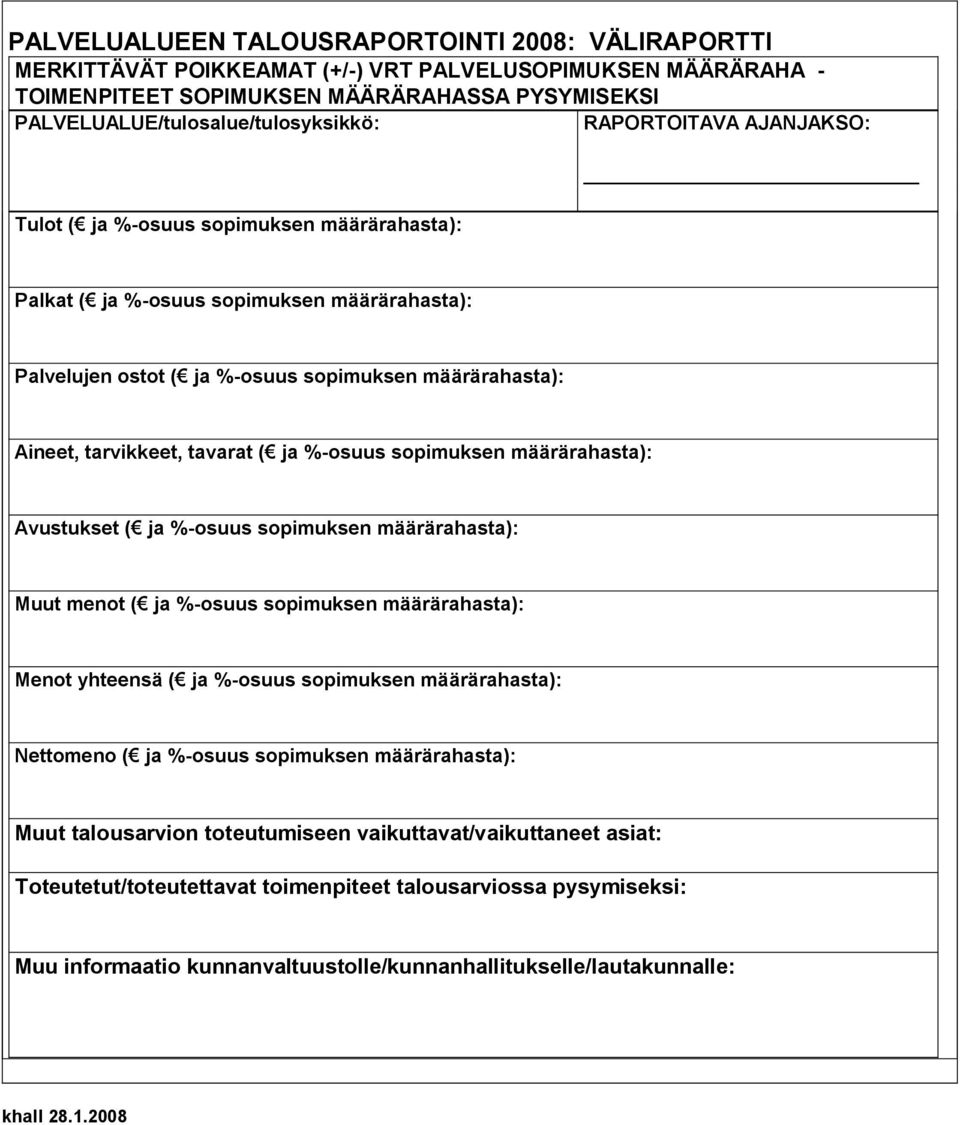 ( ja %-osuus sopimuksen määrärahasta): Avustukset ( ja %-osuus sopimuksen määrärahasta): Muut menot ( ja %-osuus sopimuksen määrärahasta): Menot yhteensä ( ja %-osuus sopimuksen määrärahasta):