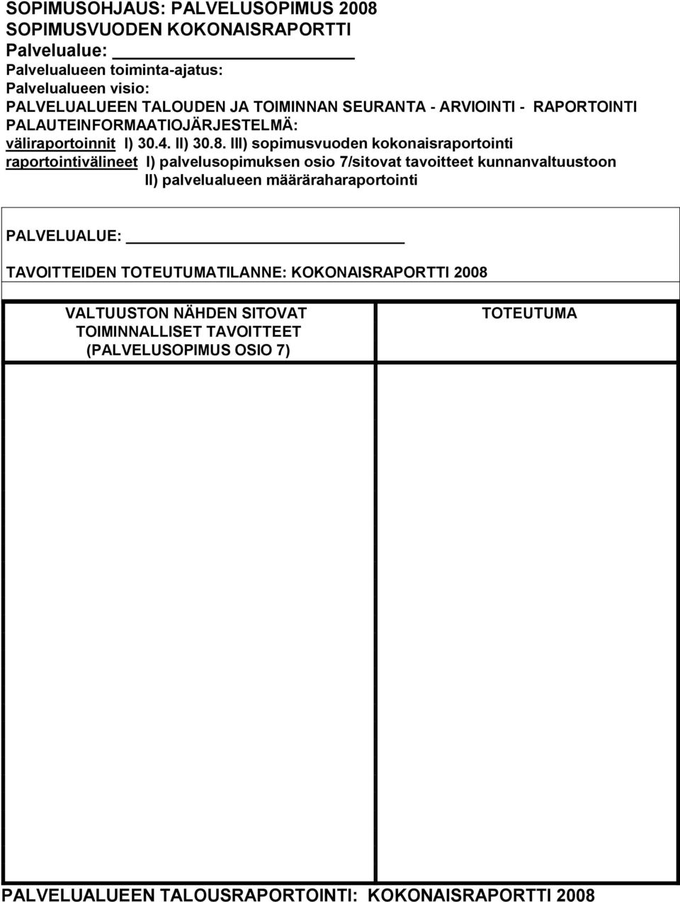 III) sopimusvuoden kokonaisraportointi raportointivälineet I) palvelusopimuksen osio 7/sitovat tavoitteet kunnanvaltuustoon II) palvelualueen