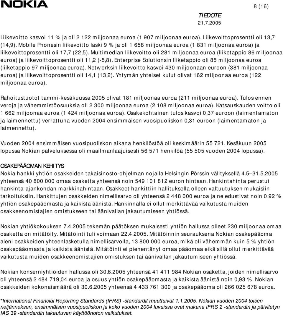 Multimedian liikevoitto oli 281 miljoonaa euroa (liiketappio 86 miljoonaa euroa) ja liikevoittoprosentti oli 11,2 (-5,8).