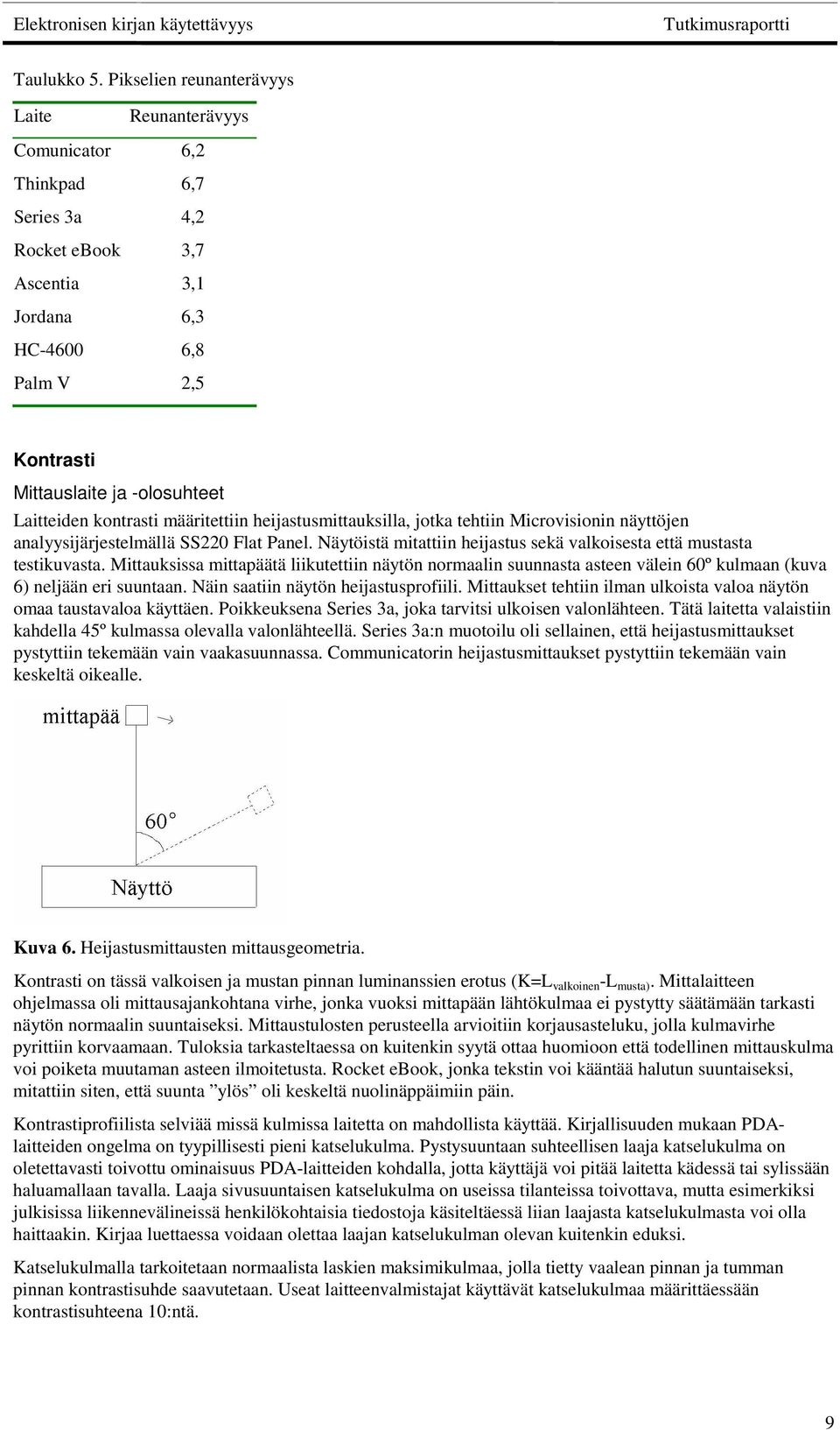 Laitteiden kontrasti määritettiin heijastusmittauksilla, jotka tehtiin Microvisionin näyttöjen analyysijärjestelmällä SS220 Flat Panel.