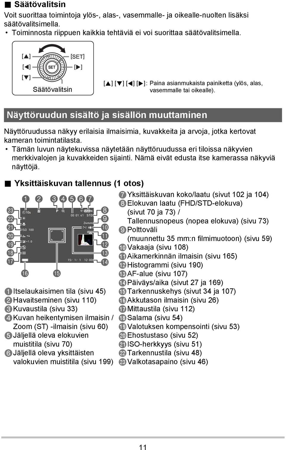 Näyttöruudun sisältö ja sisällön muuttaminen Näyttöruudussa näkyy erilaisia ilmaisimia, kuvakkeita ja arvoja, jotka kertovat kameran toimintatilasta.