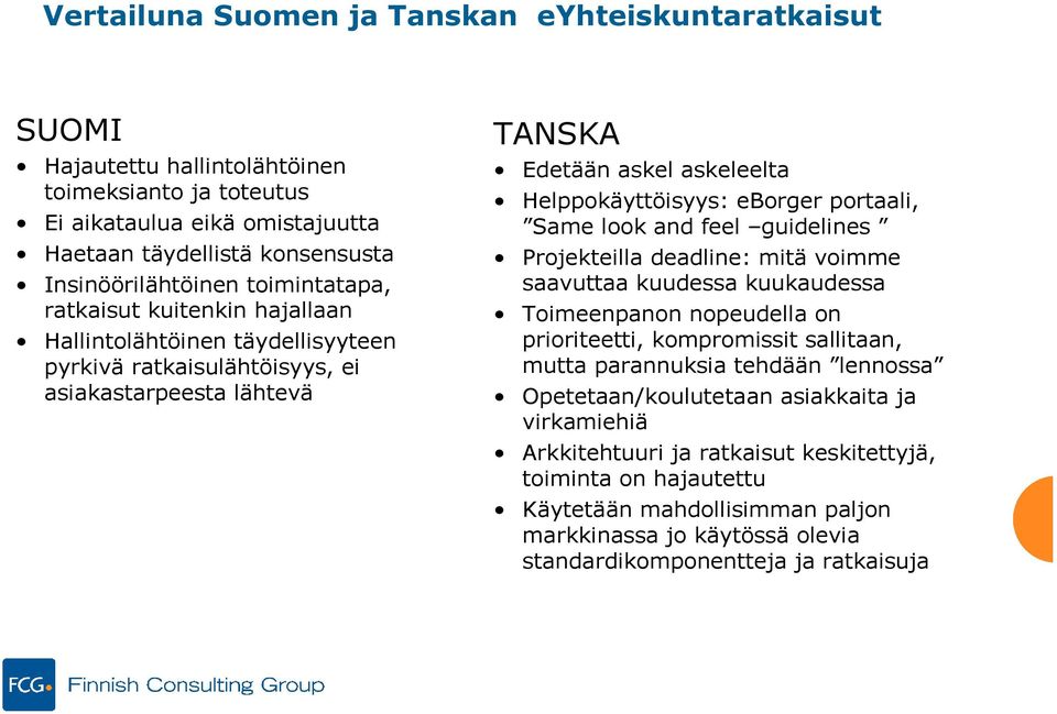 portaali, Same look and feel guidelines Projekteilla deadline: mitä voimme saavuttaa kuudessa kuukaudessa Toimeenpanon nopeudella on prioriteetti, kompromissit sallitaan, mutta parannuksia tehdään