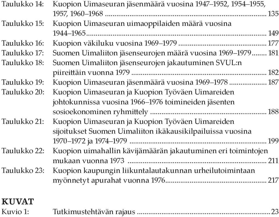 .. 181 Taulukko 18: Suomen Uimaliiton jäsenseurojen jakautuminen SVUL:n piireittäin vuonna 1979... 182 Taulukko 19: Kuopion Uimaseuran jäsenmäärä vuosina 1969 1978.