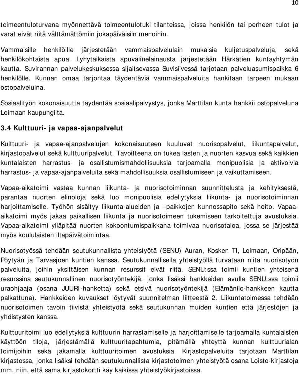 Suvirannan palvelukeskuksessa sijaitsevassa Suvisiivessä tarjotaan palveluasumispaikka 6 henkilölle. Kunnan omaa tarjontaa täydentäviä vammaispalveluita hankitaan tarpeen mukaan ostopalveluina.