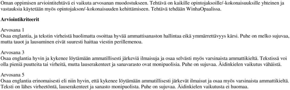 Arviointikriteerit Arvosana 1 Osaa englantia, ja tekstin virheistä huolimatta osoittaa hyvää ammattisanaston hallintaa eikä ymmärrettävyys kärsi.