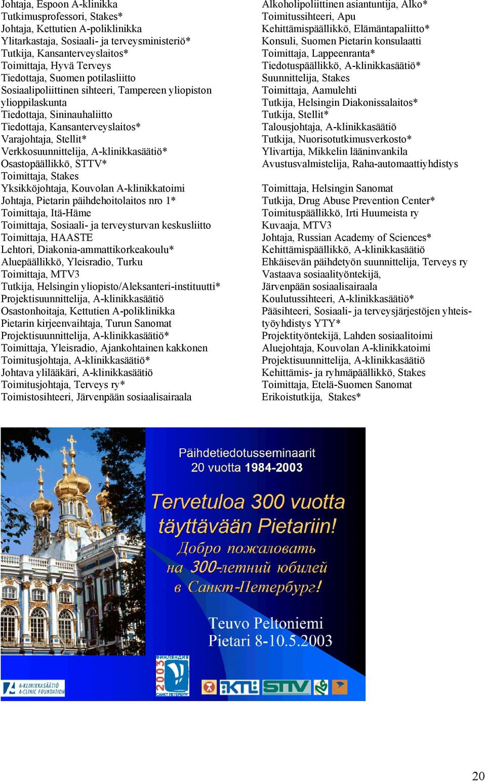 Verkkosuunnittelija, A-klinikkasäätiö* Osastopäällikkö, STTV* Toimittaja, Stakes Yksikköjohtaja, Kouvolan A-klinikkatoimi Johtaja, Pietarin päihdehoitolaitos nro 1* Toimittaja, Itä-Häme Toimittaja,