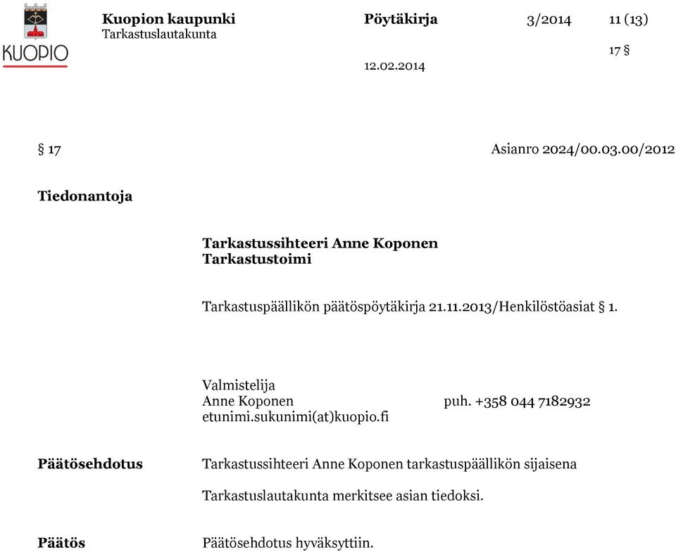 00/2012 Tiedonantoja Tarkastuspäällikön