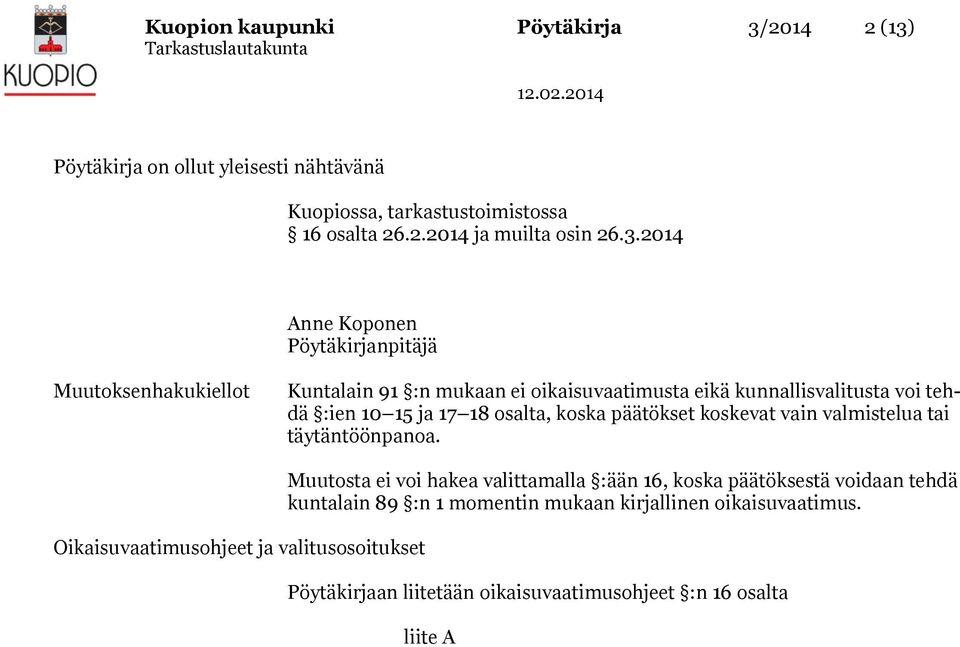 Pöytäkirja on ollut yleisesti nähtävänä Kuopiossa, tarkastustoimistossa 16 osalta 26.2.2014 ja muilta osin 26.3.