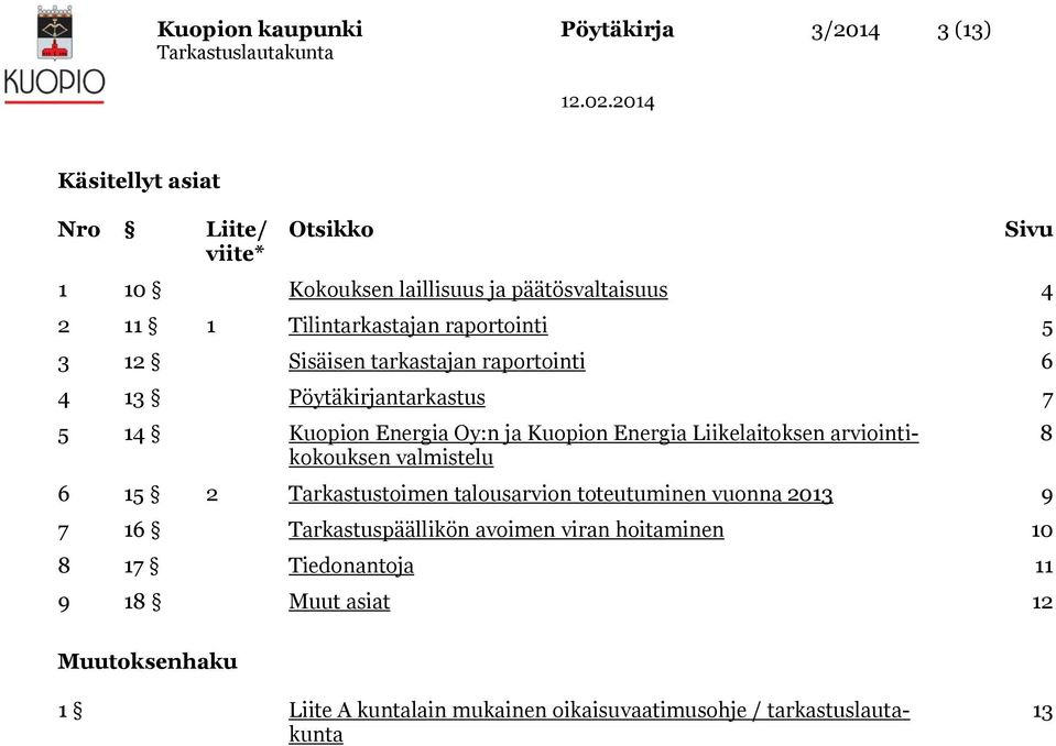 Liikelaitoksen arviointikokouksen valmistelu 6 15 2 Tarkastustoimen talousarvion toteutuminen vuonna 2013 9 7 16 Tarkastuspäällikön avoimen