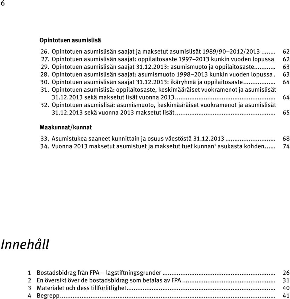 12.2013: ikäryhmä ja oppilaitosaste... 64 31. Opintotuen asumislisä: oppilaitosaste, keskimääräiset vuokramenot ja asumislisät 31.12.2013 sekä maksetut lisät vuonna 2013... 64 32.