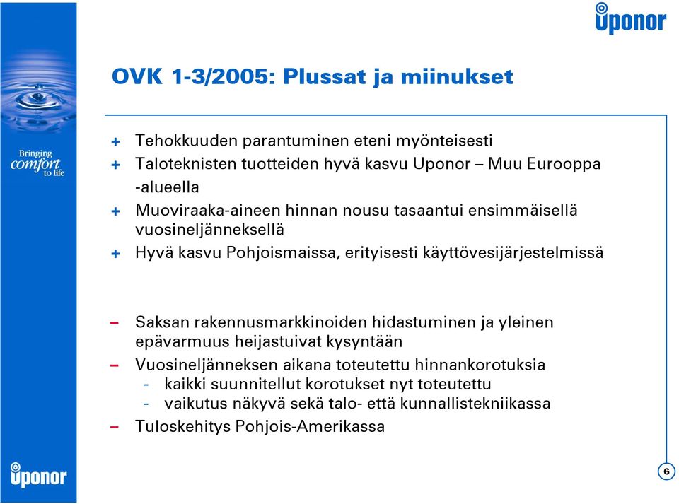 käyttövesijärjestelmissä Saksan rakennusmarkkinoiden hidastuminen ja yleinen epävarmuus heijastuivat kysyntään Vuosineljänneksen aikana