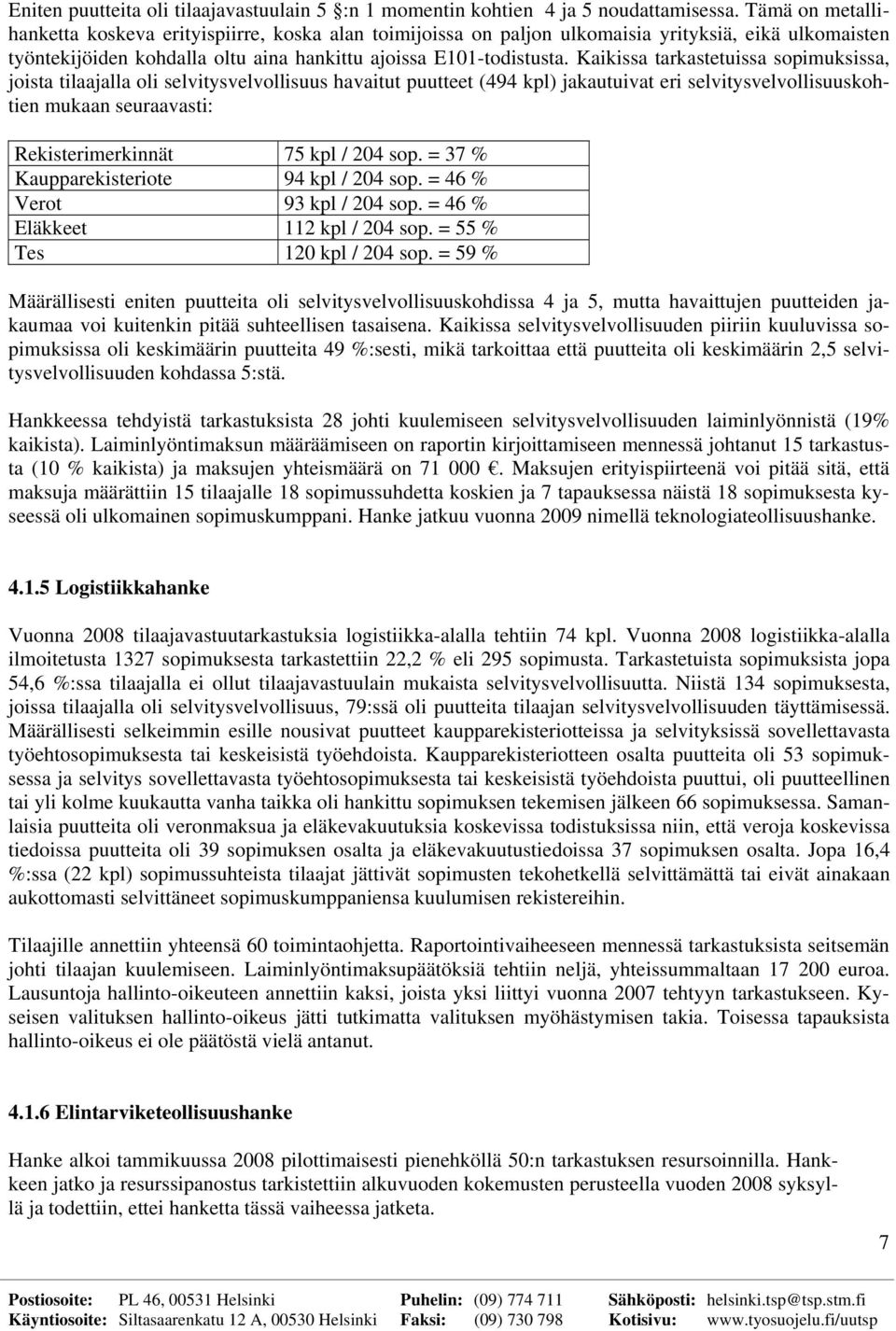 Kaikissa tarkastetuissa sopimuksissa, joista tilaajalla oli selvitysvelvollisuus havaitut puutteet (494 kpl) jakautuivat eri selvitysvelvollisuuskohtien mukaan seuraavasti: Rekisterimerkinnät 75 kpl