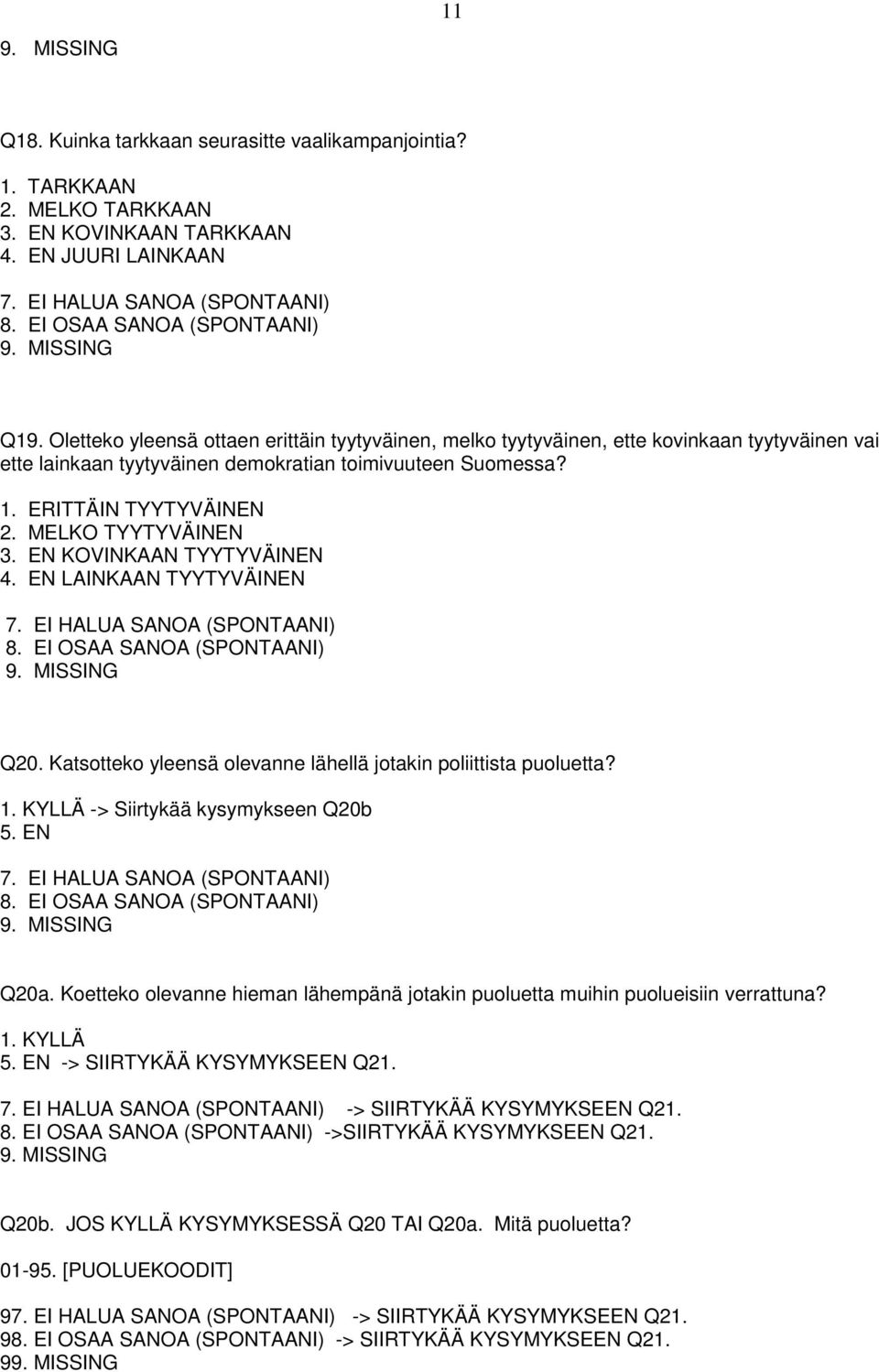 MELKO TYYTYVÄINEN 3. EN KOVINKAAN TYYTYVÄINEN 4. EN LAINKAAN TYYTYVÄINEN Q20. Katsotteko yleensä olevanne lähellä jotakin poliittista puoluetta? 1. KYLLÄ -> Siirtykää kysymykseen Q20b 5. EN Q20a.